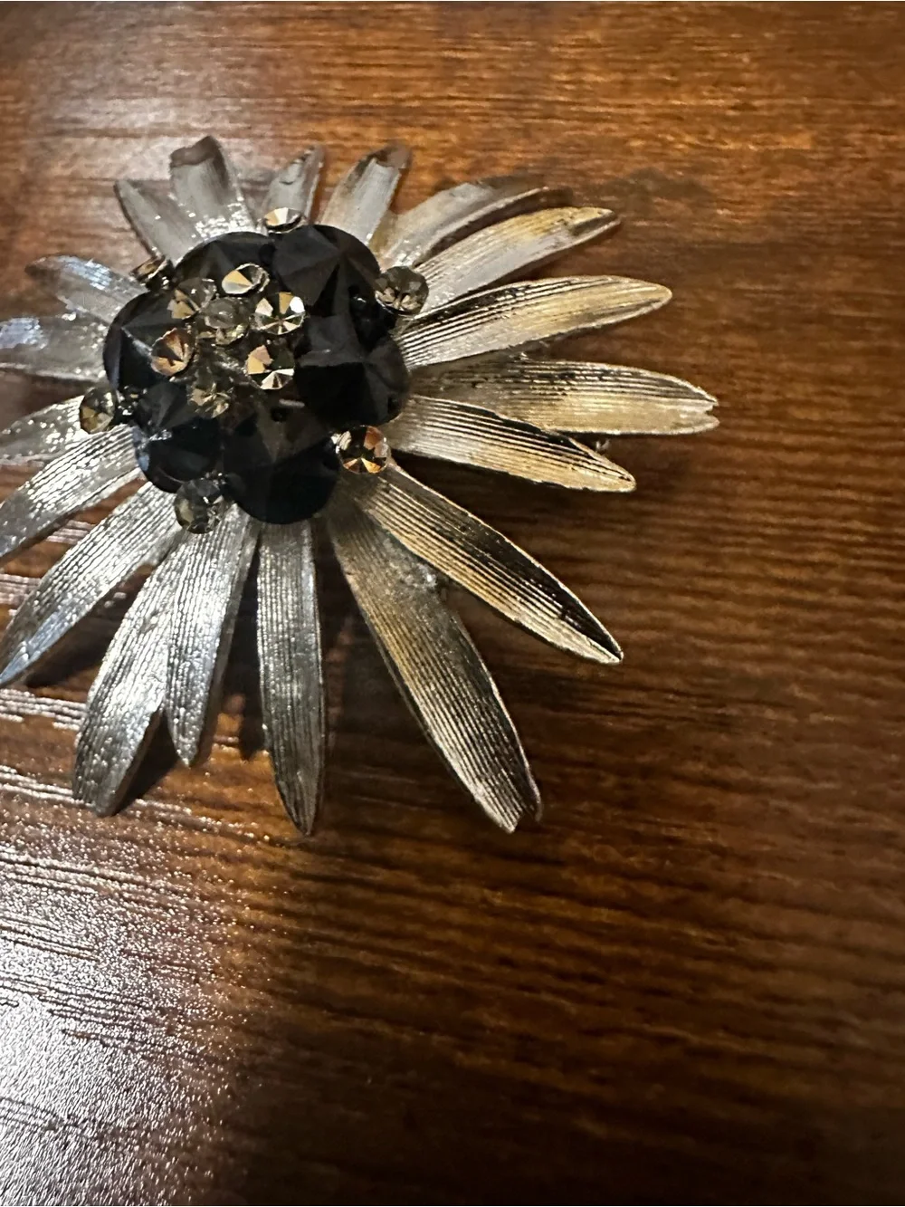 Silver Flower Brooch with Black and Clear Rhinestones
